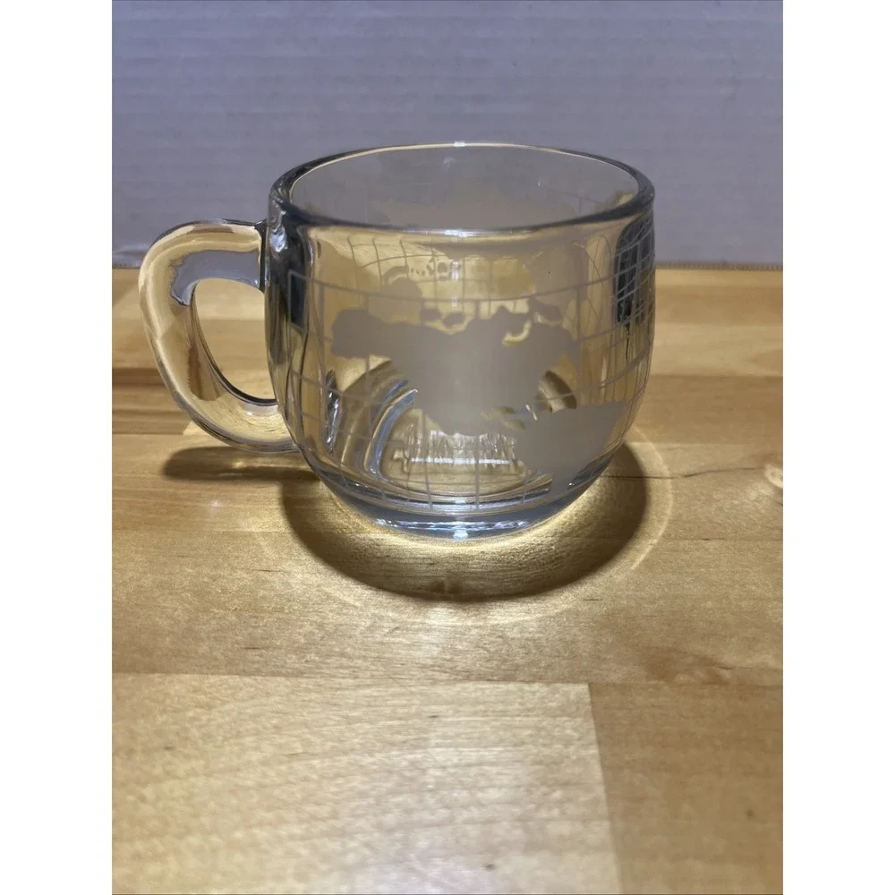 Vintage Nestle Nescafe Etched Glass World Globe Map Coffee Tea Mug